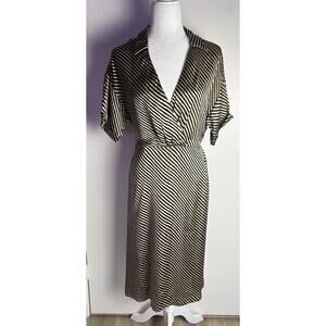 Mango Womens Satin Gold & Black‎ Faux Wrap MIDI Dress Sz 4 Part Elastic Waist
